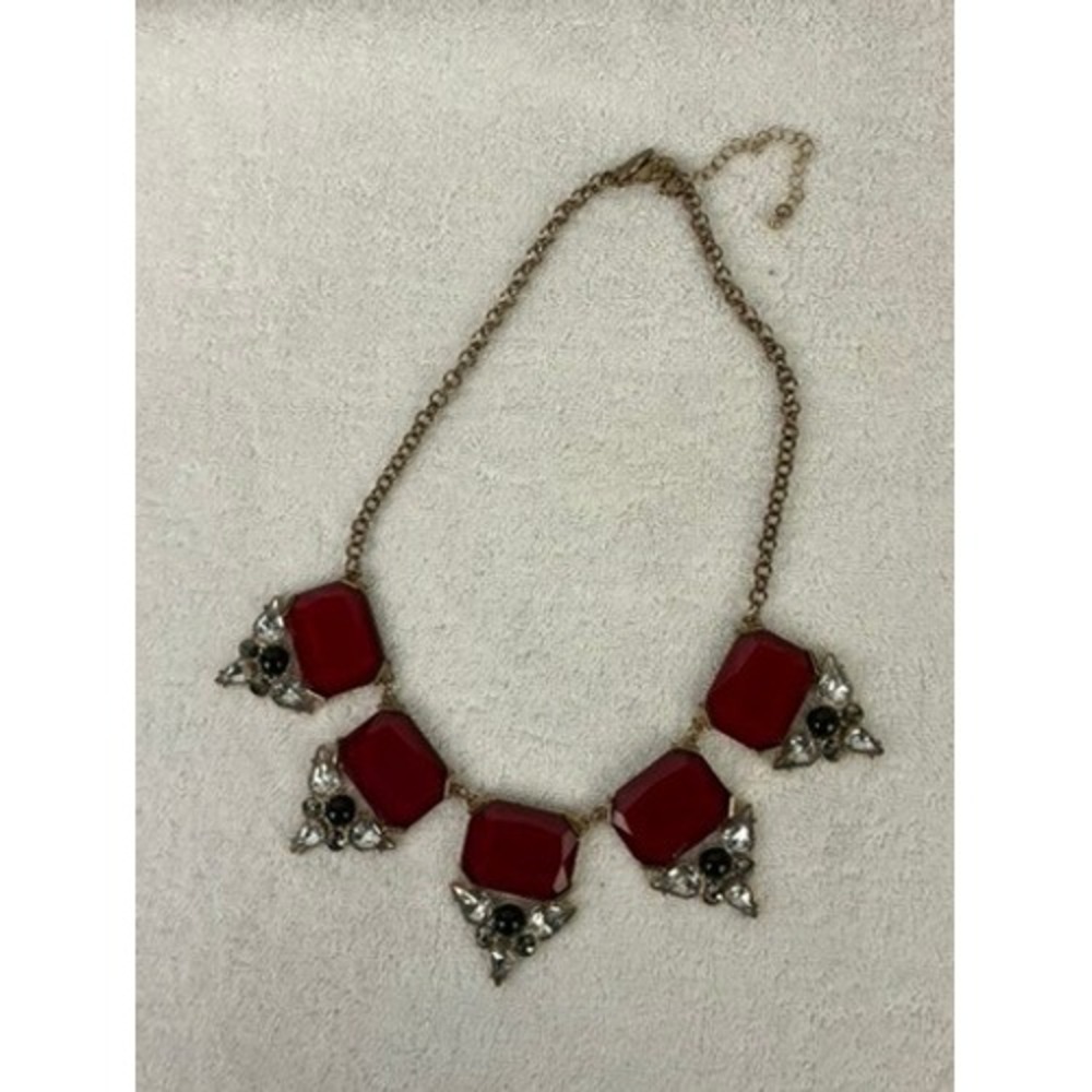 Ruby Red Statement Bib Necklace Gold Tone Rhinestone Emerald Cut Stones
